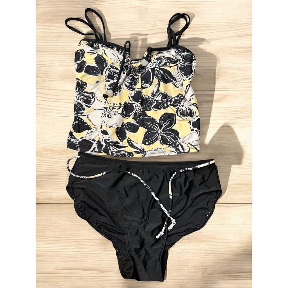 Your Best Look 2 Piece Tankini Swimsuit Size 8 Black Yellow Floral